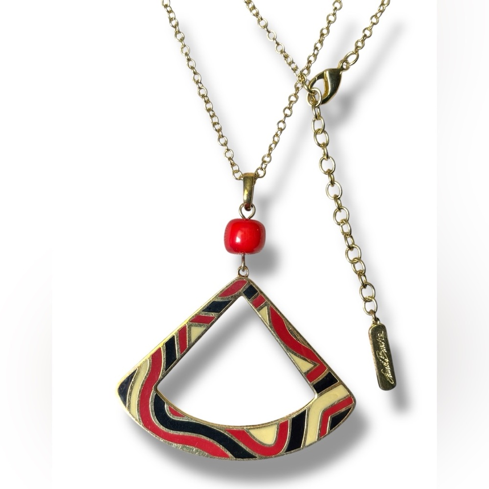 Laurel Burch Signed Abstract Pendant Necklace – Red Black Gold Enamel Boho Art